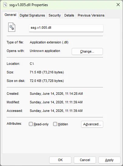 Screenshot of the Windows 11 Properties dialog displaying the new Shuusou Gyoku game logic DLL, with a size of 73,216 bytes.