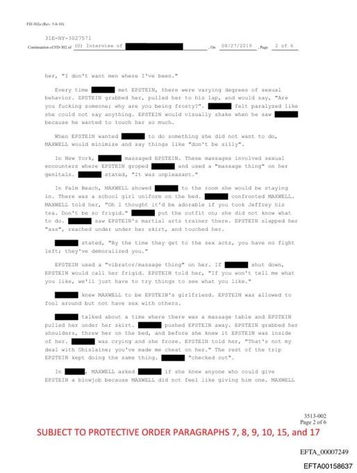 FBI 302 interview transcript documenting Ghislaine Maxwell's instruction to a victim regarding a schoolgirl uniform, August 2019