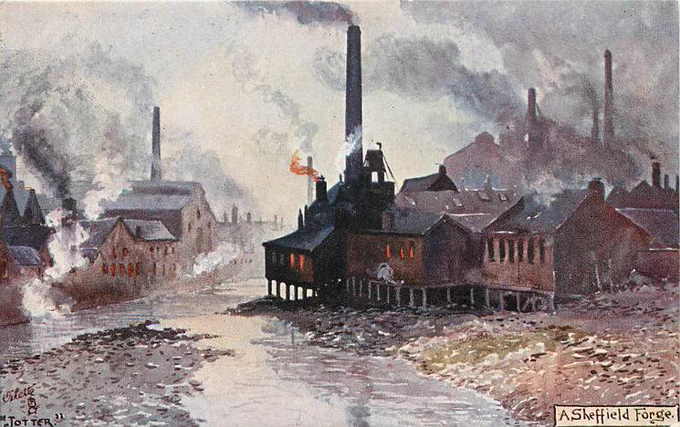 This image is a postcard titled "A Sheffield Forge" from the early 20th century, specifically dating around 1907.It depicts an industrial scene along the River Don showing a forge and factories with chimneys emitting smoke. The painting captures a "work-a-day" scene typical of Sheffield's industrial heritage, featuring workshops with lighting from within. 