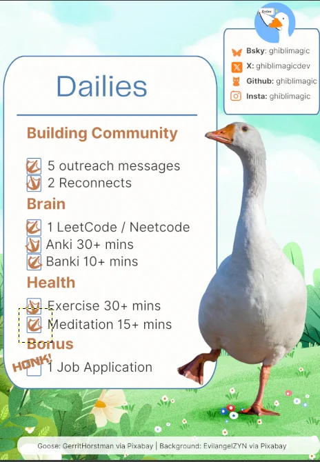 Dailes 5 outreach messages, 2 reconnects, 1 leetcode/neetcode, anki 30  mins, Banki 10  mins, exercise 30  mins, Meditation 15  mins, 1 Job application. It has a light blue, white and orange color theme. To the right is a goose and to the very top right you see my goose profile icon with my various socials.
