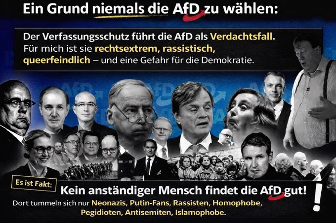 Das Plakat zeigt in dramatischem Dunkelblau-Rot-Design eine große Überschrift „Ein Grund niemals die AfD zu wählen“ sowie den Text „queerfeindlich“ hervorgehoben. Darunter wird die AfD vom Verfassungsschutz als Verdachtsfall bezeichnet und als rechtsextrem, rassistisch und queerfeindlich charakterisiert. Im unteren Teil steht „Kein anständiger Mensch findet die AfD gut!“ zusammen mit einer Auflistung negativer Zuschreibungen (Neonazis, Putin-Fans, Rassisten, Homophobe etc.). Das Bild enthält zahlreiche Porträtfotos verschiedener Personen (meist Politiker), die collageartig über- und nebeneinander angeordnet sind, sowie kleinere Szenenfotos. @Gedanken1961