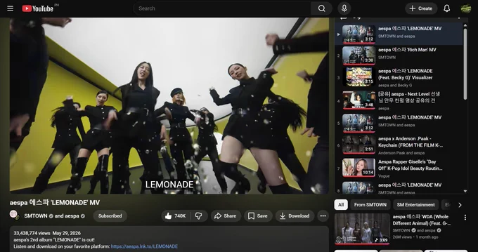 aespa Lemonade MV at 33.4M views and counting; streaming using aespaintlstream's Lemonade Focus PL 1