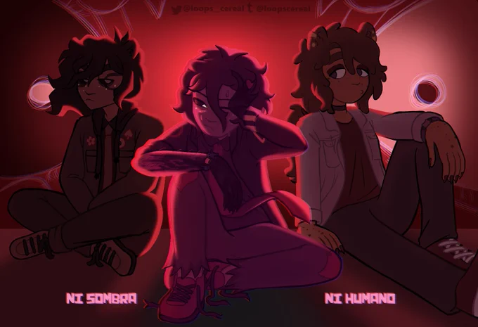 3 Freds sentados bajo una luz roja intensa. 

El de la izquierda es una sombra ‘normal’ con marcas y los ojos de sombra y el atuendo de Freddy. 

A la derecha está una interpretación de Fred como humano, con ojos azules con forma caída como los de Freddy. 

En el centro está Fred normal, visiblemente frustrado.

En el fondo hay un par de ojos muy abiertos. La de la izquierda son de sombra y la de la derecha son de humano.