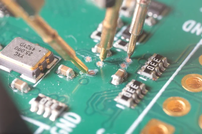 Spring loaded scope probes landing on test points on a PCB