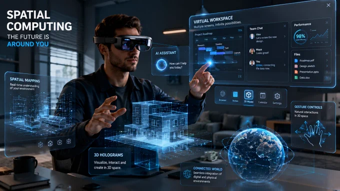 Man in AR headset interacts with glowing holographic 3D home and globe interface in a dark office; text says Spatial Computing.