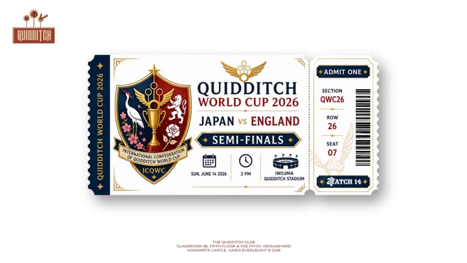 [ Sent to respective houses, on 13-06-2026, 07:13:02 PM. ]

Good evening, kiddos!

As I promised last week, we'll be watching the semi-final match of the Quidditch World Cup 2026, Japan vs. England, at this year's host venue: South Iwo Jima Island, Japan. Since we won't be staying overnight, you don't need to bring much other than identification items and the ticket attached to this letter.

There is an 8-hour time difference with Japan, so we'll depart at 6:00 AM to align with their timezone. Gather at the North Entrance Gate at the mentioned time; the Clubkeepers will be waiting.

Don't be late! I can't rearrange the Portkey's departure time. Take care!

With warmth,
Kairo.