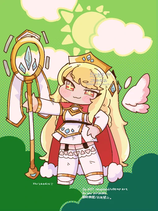 トリッカルのエルフィンのファンアート。誇らしげに杖を掲げて立っている姿のイラスト。