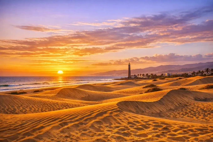 Maspalomas dunes at sunset with golden sand and Atlantic Ocean views.