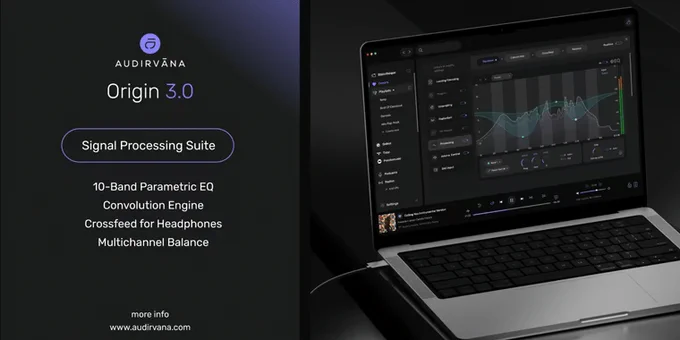 A laptop displays Audirvāna Origin 3.0 with a modern UI showcasing audio processing features like a 10-band EQ and multichannel balance.