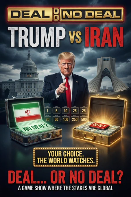 Deal or No Deal game show meme featuring Donald Trump pointing between two briefcases — one with the Iranian flag labeled ‘NO DEAL?’ and the other filled with cash labeled ‘DEAL?’. Background shows U.S. Capitol and Tehran’s Azadi Tower under dramatic stormy skies. Text reads: TRUMP vs IRAN, YOUR CHOICE. THE WORLD WATCHES.