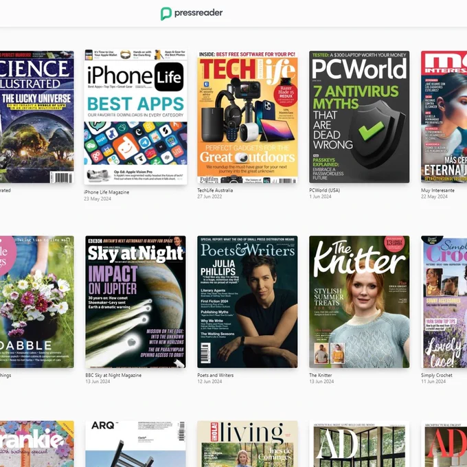 A view of the press reader system showing magazines that can be read online