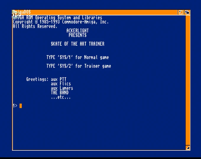 Screenshot of "Skate of the Art" - Crack and Trainer ( 1): Ackerlight - Published by Linel on Commodore Amiga (1989)