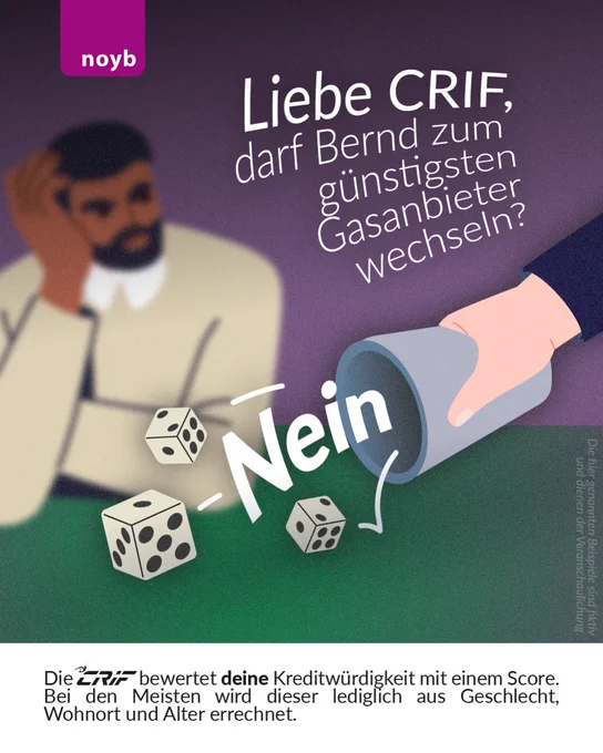 Liebe CRIF, darf Bernd zum günstigsten Gasanbieter wechseln? Nein. Die CRIF bewertet deine Kreditwürdigkeit mit einem Score. Bei den Meisten wird dieser lediglich aus Geschlecht, Wohnort und Alter errechnet. Das hier genannte Beispiel ist fiktiv und dient der Veranschaulichung.