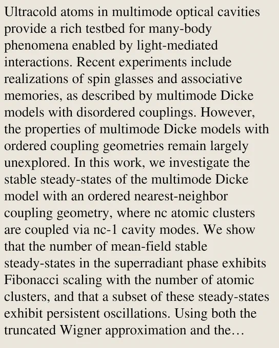 Ultracold atoms in multimode optical cavities provide a rich testbed for many-body phenomena enabled by light-mediated interactions. Recent experiments include realizations of spin glasses and associative memories, as described by multimode Dicke models with disordered couplings. However, the properties of multimode Dicke models with ordered coupling geometries remain largely unexplored. In this work, we investigate the stable steady-states of the multimode Dicke model with an ordered nearest-neighbor coupling geometry, where nc atomic clusters are coupled via nc-1 cavity modes. We show that the number of mean-field stable steady-states in the superradiant phase exhibits Fibonacci scaling with the number of atomic clusters, and that a subset of these steady-states exhibit persistent oscillations. Using both the truncated Wigner approximation and the numerically-exact hierarchy of pure states, we further demonstrate that these features of the stable steady-state solutions persist for fi