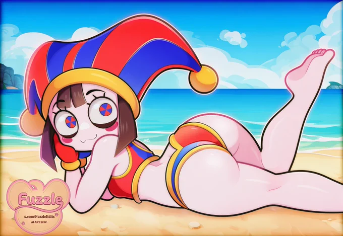 Digital anime-style illustration of a stylized jester character with a red-and-blue jester hat. The character is lounging on a sandy beach, looking back over their shoulder with a playful smile. The background features a sunny beach landscape with clear blue ocean water, a distant coastline, and a sky filled with light clouds. The art style is vibrant, clean, and cel-shaded