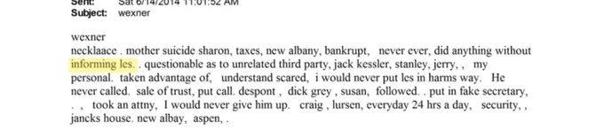 Email from Epstein files dated June 14 2014, subject wexner, showing shorthand notes about Les Wexner and Maxwell defense strategy