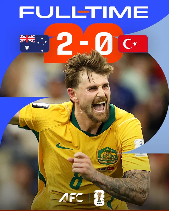 A football match result graphic showing Australia's victory over Turkey, 2-0. A player in Australia's yellow jersey is celebrating energetically.