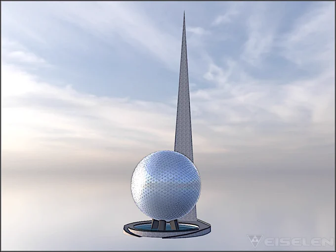 Sneak-Peek rendering of Belle Isle City's "Trylon & Perisphere Ⅱ" complex; located at the eastern foot of Númenor St. in the Expo/Fair District on the east end of Belle Isle adjacent to Blue Heron Lagoon.