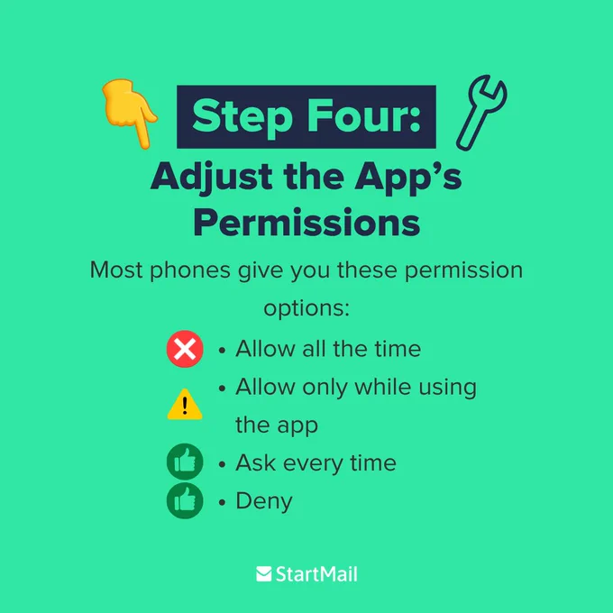 A graphic with a green background features the title "Step Four: Adjust the App's Permissions" alongside a pointing emoji and a wrench icon. Text below reads, "Most phones give you these permission options: Allow all the time, Allow only while using the app, Ask every time, Deny" next to icons that warn against "allow all the time", cautions "allow only while using app" and approves of the latter two options. The logo of "StartMail" is at the bottom.