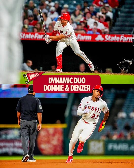 Angels Dynamic Duo: Donnie & Denzer. Donovan Walton is pictured (top) swinging at a low pitch. Denzer Guzman is pictured running the bases after Walton's hit, heading from second to third base. 