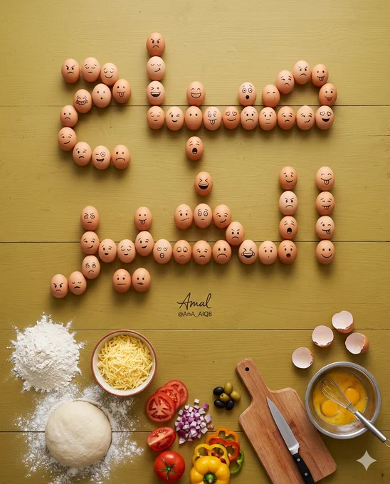 9:16 top view kitchen scene. 
Use a modern Arabic kufic font to write Word
"WRITE HERE" 
spelled out clearly in the upper half divided in two lines , each letter formed by multiple whole eggs arranged to shape the letter. 
Each egg has a different black marker facial expression (angry, sleepy, happy, surprised, winking, sad, tongue out).  
Lower half of the frame: kitchen elements spaced out (flour mound, dough ball, grated cheese bowl, chopped and whole vegetables: tomato, onion, colorful bell peppers, olives, cutting board with knife, bowl of beaten eggs with whisk, cracked eggshells). 
Background: rustic olive‑yellow wooden table. 
Focus: eggs and letters are the main subject, ingredients are secondary and not crowded. 
Lighting: soft natural morning light.