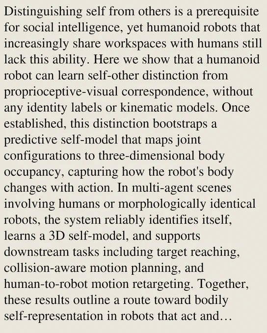 Distinguishing self from others is a prerequisite for social intelligence, yet humanoid robots that increasingly share workspaces with humans still lack this ability. Here we show that a humanoid robot can learn self-other distinction from proprioceptive-visual correspondence, without any identity labels or kinematic models. Once established, this distinction bootstraps a predictive self-model that maps joint configurations to three-dimensional body occupancy, capturing how the robot's body changes with action. In multi-agent scenes involving humans or morphologically identical robots, the system reliably identifies itself, learns a 3D self-model, and supports downstream tasks including target reaching, collision-aware motion planning, and human-to-robot motion retargeting. Together, these results outline a route toward bodily self-representation in robots that act and coordinate alongside others in shared physical environments. Project page: https://euron-zc.github.io/humanoid-self-mo