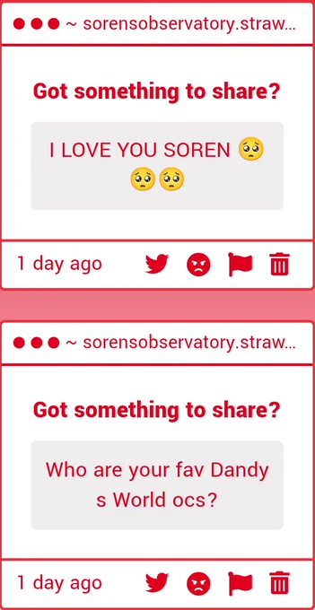 Second anon asked “ Who are your fav Dandy s World ocs? ”

Third anon says “ I LOVE YOU SOREN 🥺🥺🥺 ”
