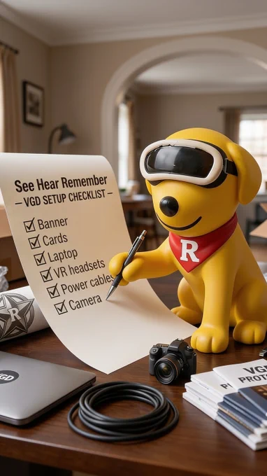 The Virtual Guide Dog mascot, a cheerful yellow dog wearing VR headset and a red bandana with the letter 'R', sits at a wooden table in a room with packing boxes. The mascot is holding a pen and checking off items on a paper list titled 'See Hear Remember - VGD SETUP CHECKLIST', which includes Banner, Cards, Laptop, VR headsets, Power cables, and Camera