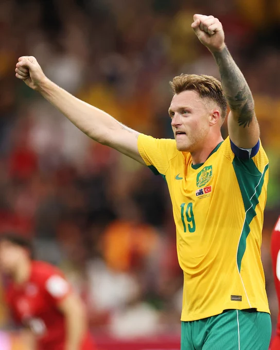 Harry Souttar celebrates after helping Australia to beat Türkiye at the FIFA World Cup.