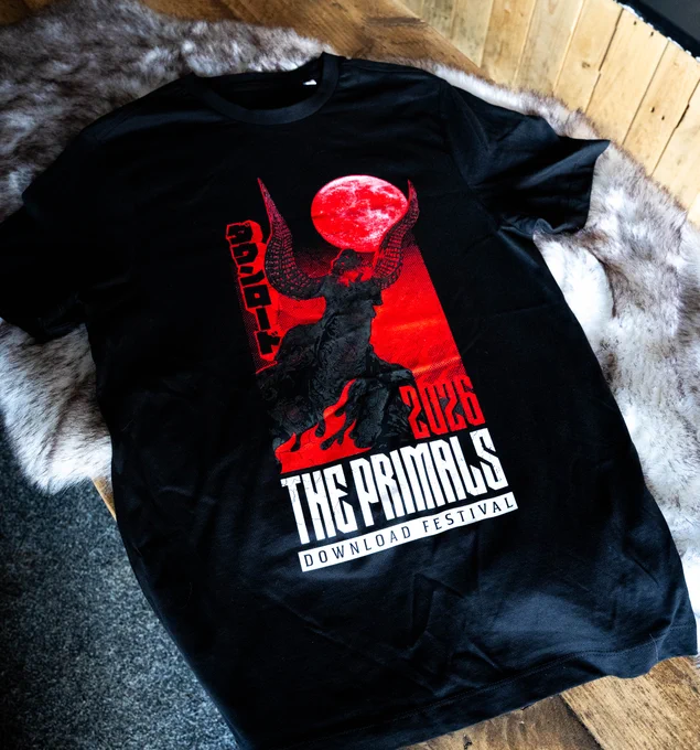 A photograph of The Primals T-shirt at Download Festival 2026 showing a red print of Ifrit roaring under the full moon. 