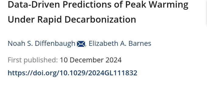 Data-Driven Predictions of Peak Warming Under Rapid Decarbonization
Noah S. Diffenbaugh, Elizabeth A. Barnes
First published: 10 December 2024
https://doi.org/10.1029/2024GL111832