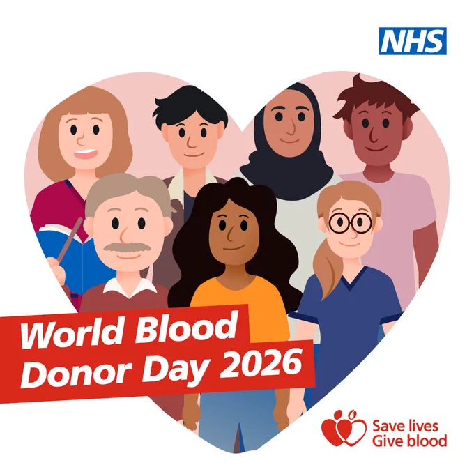 A group of people standing inside a heart shape with the NHS logo, promoting 'World Blood Donor Day 2026'.