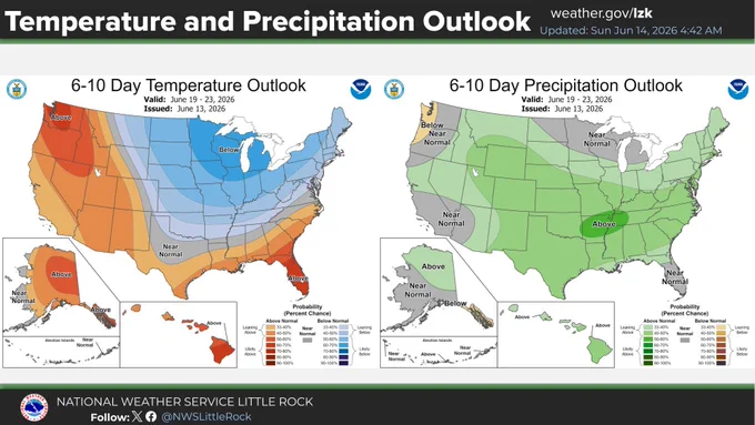 All signs are pointing to a chance of seeing below normal temperatures for the next 6 to 10 days along with a chance of above average rainfall. Remember these are probabilistic forecasts and just give the percent of seeing above or below normal temperatures and precipitation. 