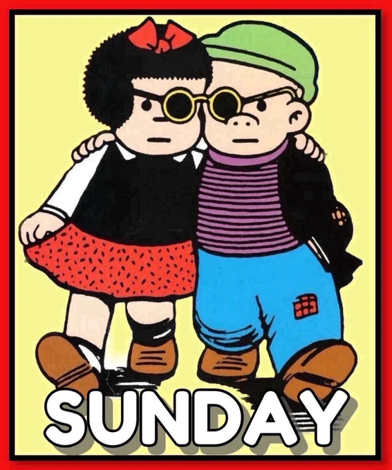 Nancy and Sluggo have found a pair of sunglasses and they are walking side by side with their heads together so they  both can wear the sunglasses