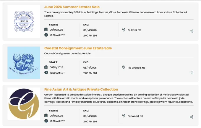 Screenshot of the WorthPoint Live Auction Events page for Sunday June 14, 2026, showing today's lineup of partner auctions across estate sales, fine art, coins, sports memorabilia, and Asian antiques.