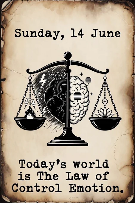 Sunday,  14 June

Today's world is 
The Law of Controlled Emotion.

The Law of Control Emotion states that your mental well-being and fulfillment depend entirely on how much control you feel you have over your life and your reactions. Controlling your emotions means choosing how you respond to events rather than simply reacting on instinct.
The Law of Emotional Control (often attributed to Bob Proctor or derived from NLP) states: You cannot control external events or other people, but you can always control your internal response to them.

Stimulus (Out of your control): What happens to you (weather, traffic, criticism, delays).
· Response (In your control): The meaning you assign to it, your physiology, and your next action.

Mastering this concept is built on a few core pillars and actionable frameworks:

1. The 5 Pillars of Emotional Regulation
To gain command over your emotions, experts emphasize five essential steps:


Self-Awareness: Recognizing what you are feeling in the moment