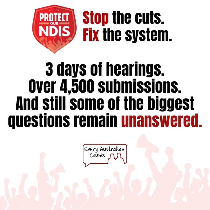 Campaign graphic from Every Australian Counts and the Protect Our NDIS campaign. Text reads: "3 days of hearings. Over 4,500 submissions. And still some of the biggest questions remain unanswered." The graphic features the Protect Our NDIS logo, the slogan "Stop the cuts. Fix the system." and silhouettes of people rallying at the bottom.