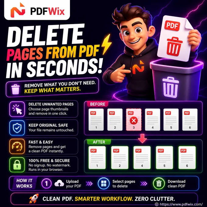 Blank pages, duplicates, or confidential notes in your PDF? Remove them in seconds.
✅ Click thumbnails to select pages to delete
✅ Or type a page range: 1, 3, 5-7
✅ Download your clean trimmed PDF instantly
✅ Free · No signup · No watermark · File never leaves your device

Perfect for students, HR teams, legal & business professionals.

🔗 https://www.pdfwix.com/remove-pages?utm_source=pinterest&utm_medium=post&utm_campaign=ud
🌐 https://www.pdfwix.com/

#PDFWix #DeletePDFPages #RemovePagesFromPDF #PDFPageRemover #RemovePDFPages #TrimPDF #FreePDFTools #DeletePDFPagesOnline #DocumentManagement #BusinessProductivity #StudentProductivity #HRTools #LegalDocuments #FreeOnlineTools #PDFManagement