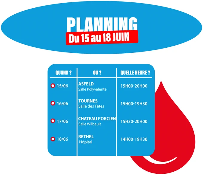 15/06 à ASFELD Salle Polyvalente 15h00 - 20h00
16/06 à TOURNES Salle de Fêtes 15h00 - 19h30
17/06 à CHATEAU PORCIEN Salle Wilbault 15h30 – 20h00
18/06 à RETHEL Hôpital 14h00 – 19h30