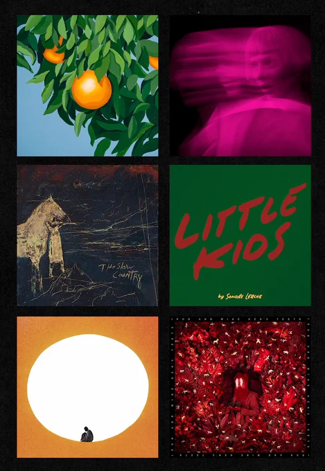 Assemblage de 6 pochettes :
- haut gauche : pochette de l’album "For The First Time, Again" de Tyler Ballgame
- haut droite : pochette de l'album "COME CLOSER" de TOMORA
- milieu gauche : pochette du 45 tours "In The Mud / Firing Line" de The Slow Country
- milieu droite : pochette du single "Little Kids" de Sondre Lerche
- bas gauche : pochette de l’album "I Built You A Tower " de Death Cab For Cutie
- bas droite : pochette de l’album "Hen's Teeth" de Iron & Wine