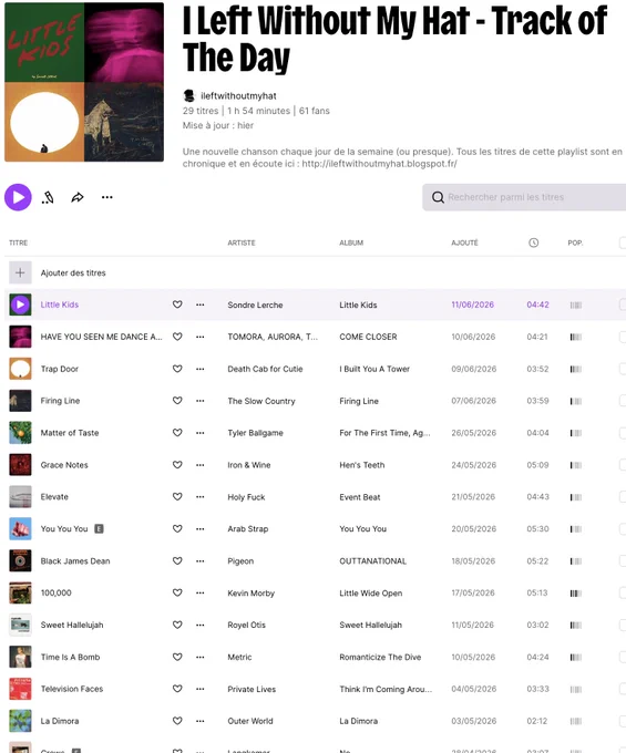 Capture d'écran de la playlist Deezer du blog I Left Without My Hat