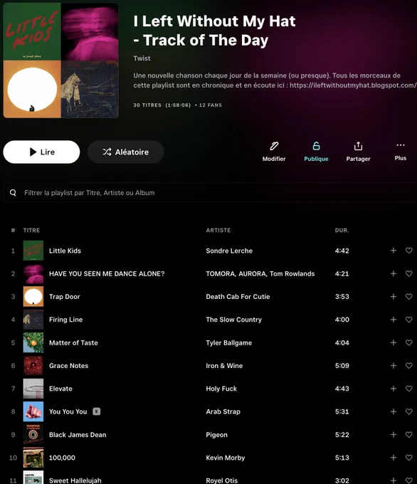 Capture d'écran de la playlist Tidal du blog I Left Without My Hat