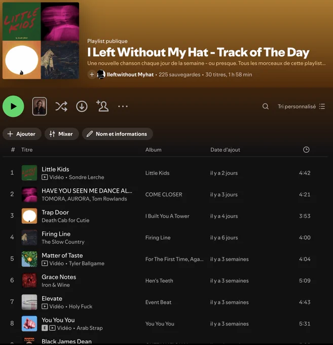 Capture d'écran de la playlist Spotify du blog I Left Without My Hat