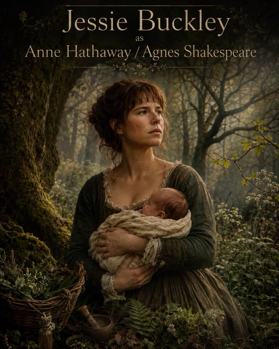 A painterly portrait of Jessie Buckley as Anne Hathaway / Agnes Shakespeare, standing in a misty English woodland and holding a newborn child. She appears as a Shakespearean woman of the green world — part mother, part herbal wise woman, part spirit of the woods — surrounded by trees, moss, ferns, herbs, and soft winter light.