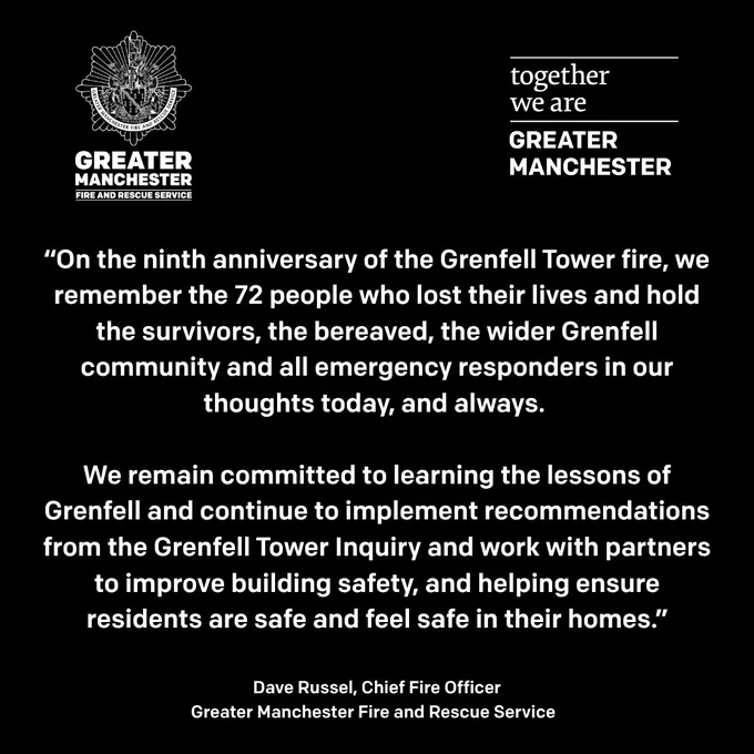 Black background with GMFRS and GMCA Together logo. Statement from Greater Manchester Fire and Rescue Service Chief Fire Officer remembering Grenfell Tower victims and committing to safety improvements.