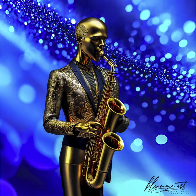 GOLDMAN SAX
Visit: www.klemenza.art/about NOW
#digitalart #3drendering #illustration #contemporaryart #modernism #figurative #saxophonist #musician #performanceart #goldtones #bluebackground #vibranthues #lively #dynamic #elegant #realism #texturing #lightingeffects