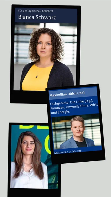 Bildquellen:
https://www.tagesschau.de/korrespondenten/bianca-schwarz-103.html
https://www.ard.de/ard-hauptstadtstudio/ueber-uns/hauptstadtkorrespondenten-100.html
https://www.podcast.de/podcast/3532578/berlin-code-mit-linda-zervakis