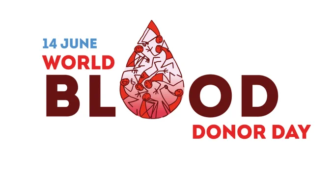 Red blood drop with abstract human figures inside, highlighting World Blood Donor Day on June 14.