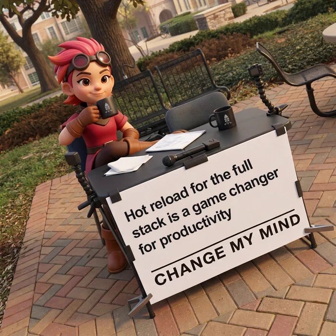 An animated character with pink hair and goggles appears in a 'change my mind' meme format, discussing the impact of hot reload on productivity in a park setting.