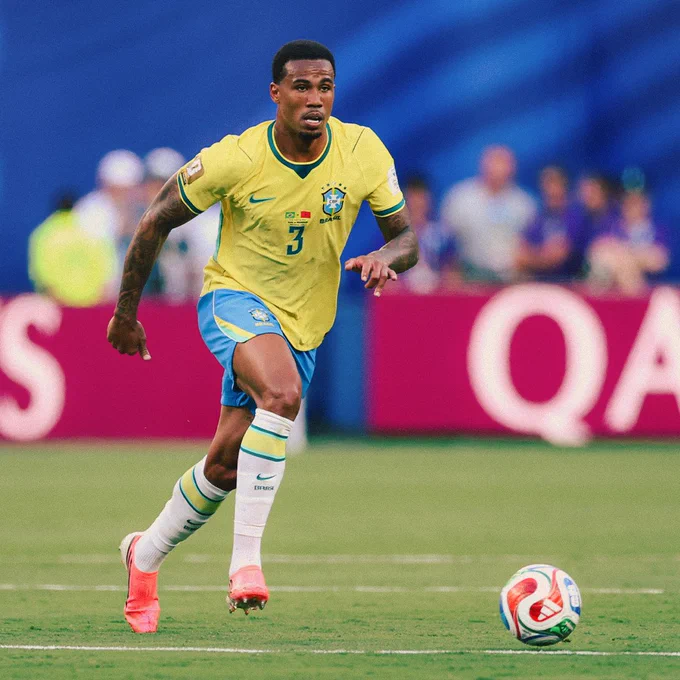Gabriel Magalhaes of Brazil controls the ball during the FIFA World Cup 2026 Group C match between Brazil and Morocco 